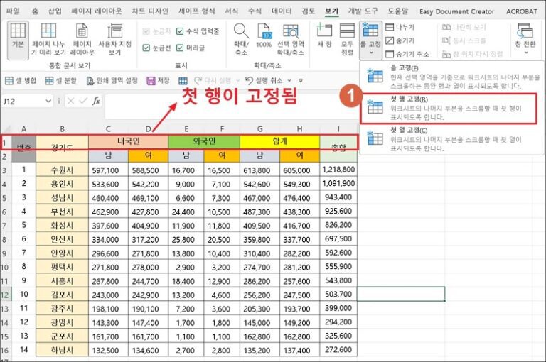 엑셀 셀, 행, 열을 고정하는 틀 고정 - IT 잡다정보